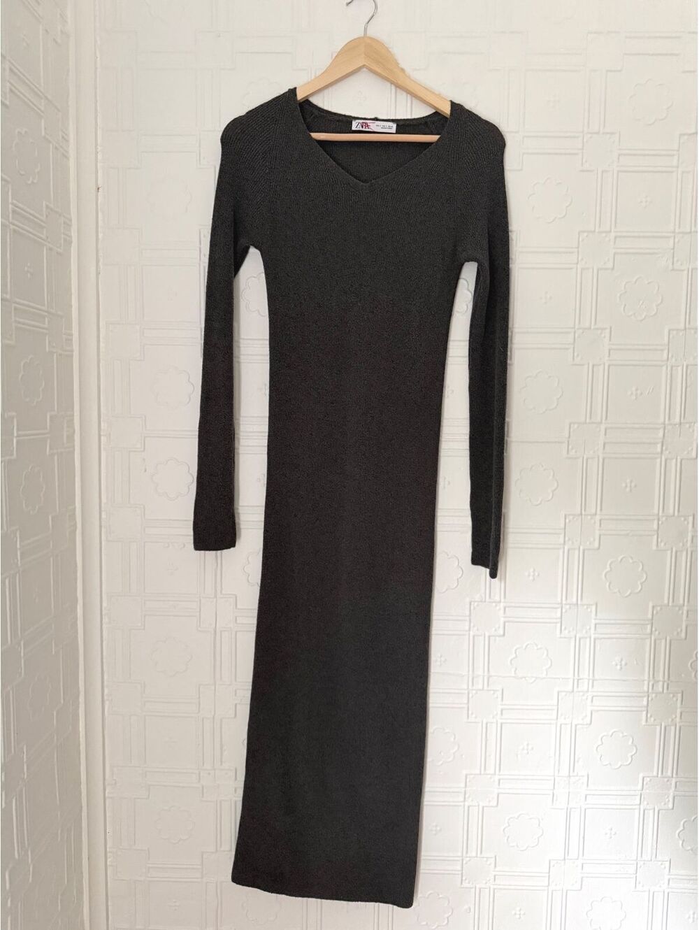 Zara Grey Knit V-Neck Long Sleeve Maxi Midi Dress Small Bodycon